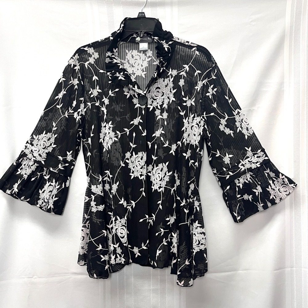 Damee Women Black Floral Sheer Pleated Peplum Ruffle Blouse M Fairygoth A-Line